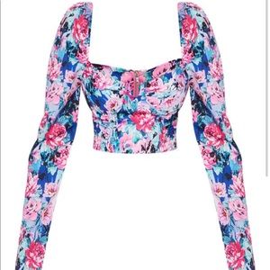 Multi 80S Floral Printed Cup Ruched Crop Top